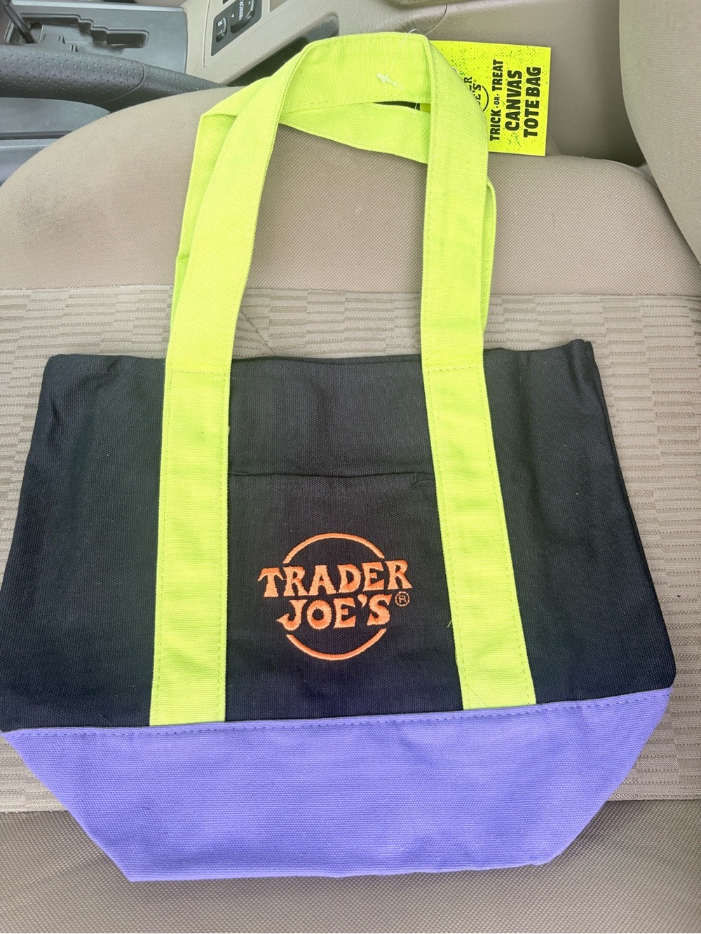 Trader Joe’s Halloween Black Canvas mini Tote with Lime Handles and Purple Base